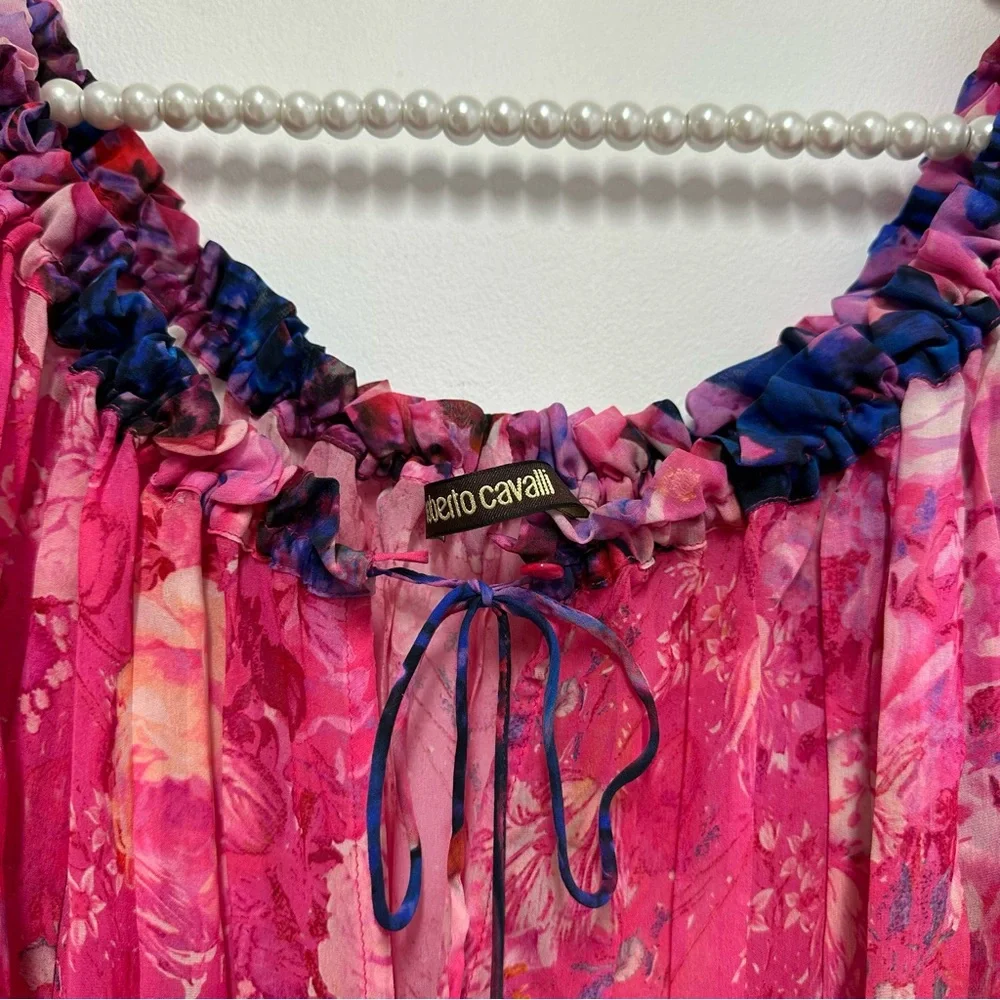 Roberto Cavalli Off the Shoulder 100% Silk Peasant Blouse in Pink and Blue